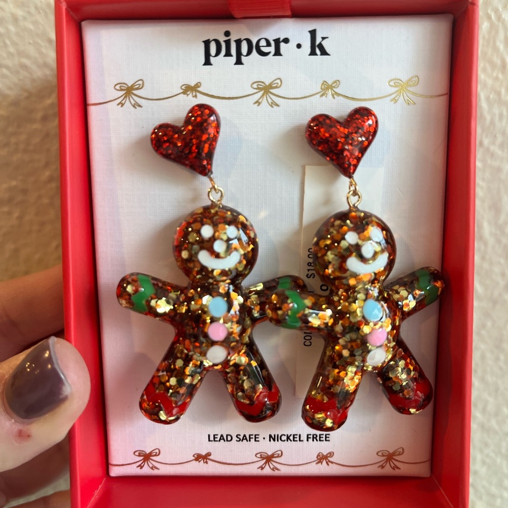 Piper K Christmas Gingerbread Earrings with Red Hearts